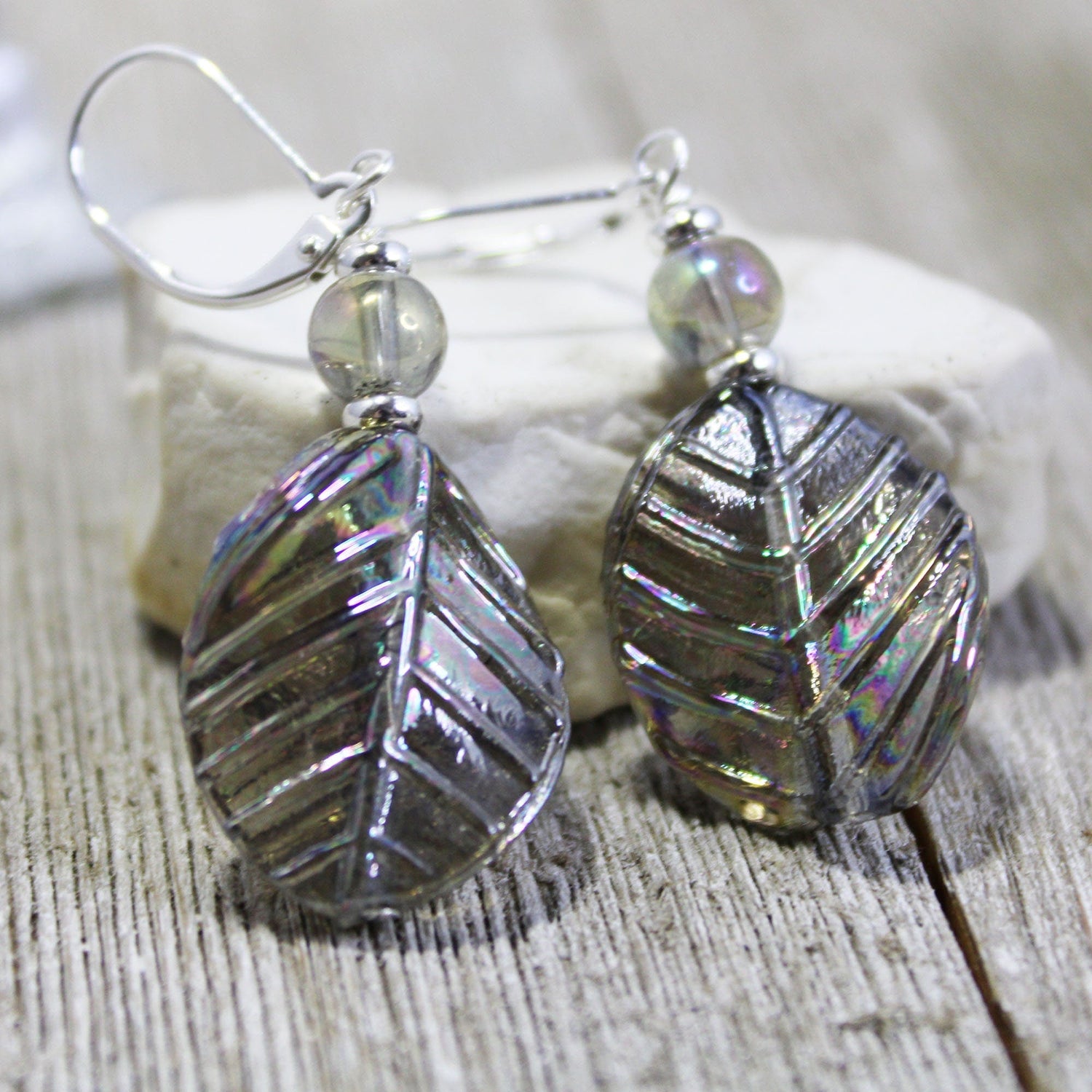 Shimmering Crystal Leaf Earrings by Enlivenadorn, crafted from art glass with an AB finish, a beautiful nature-inspired jewelry gift.