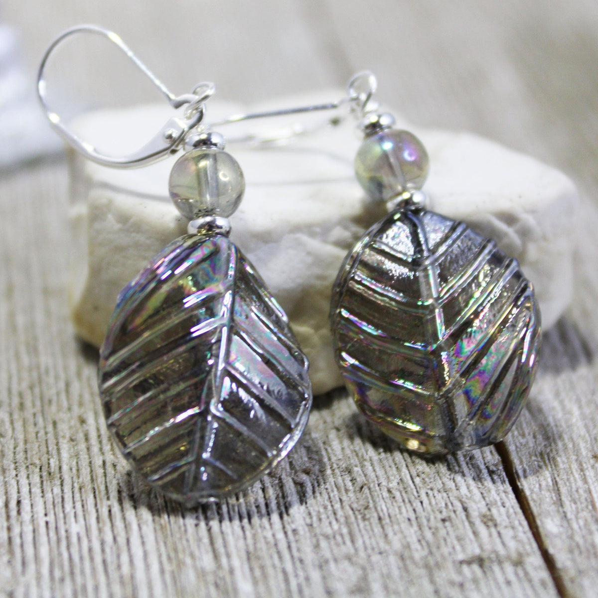 Shimmering Crystal Leaf Earrings by Enlivenadorn, crafted from art glass with an AB finish, a beautiful nature-inspired jewelry gift.