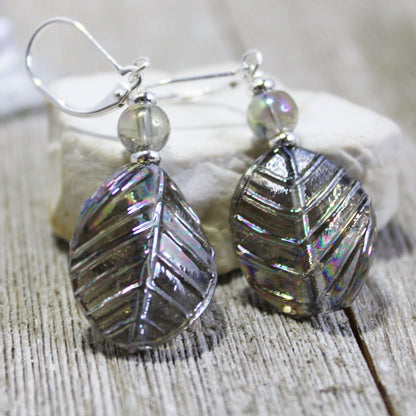 Shimmering Crystal Leaf Earrings by Enlivenadorn, crafted from art glass with an AB finish, a beautiful nature-inspired jewelry gift.