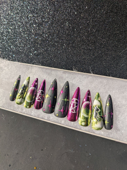 Witch Bitch - Glow in the Dark Witch Purple and Green Chrome False Press-On Nail Extensions 10pcs