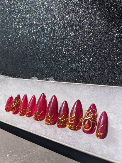 Spider Queen - Color Change Gold Spider Red and Gold False Press-On Nail Extensions 10pcs