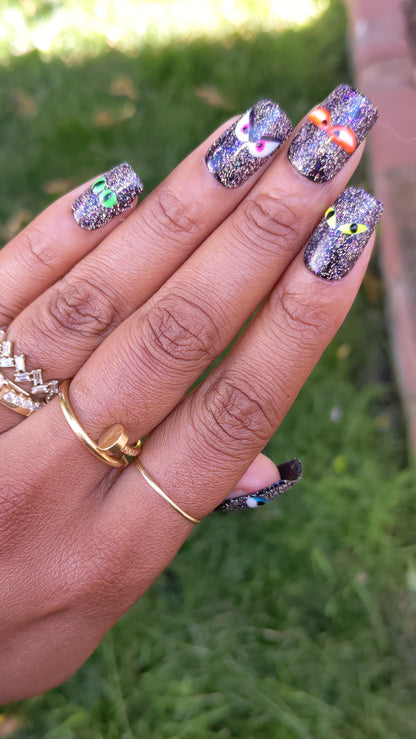 Bump in the Night - Glow in the Dark Reflective Glitter Monster Eyes Halloween False Press-On Nail Extensions 10pcs