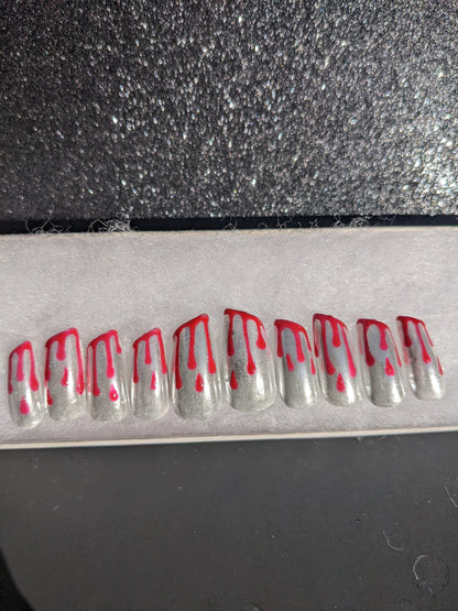 Knives Out - Color Changing Blood Drip Silver Chrome Lipstick False Press-On Nail Extensions 10pcs