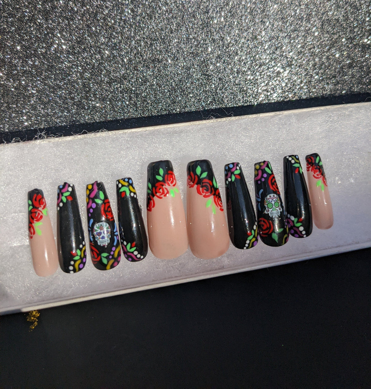 Calaveritas - Day of the Dead Sugar Skull Mexican Hand-Painted False Press-On Nail Extensions 10pcs