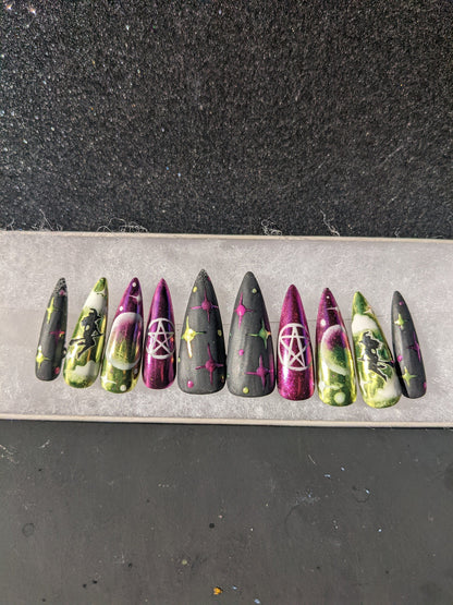 Witch Bitch - Glow in the Dark Witch Purple and Green Chrome False Press-On Nail Extensions 10pcs