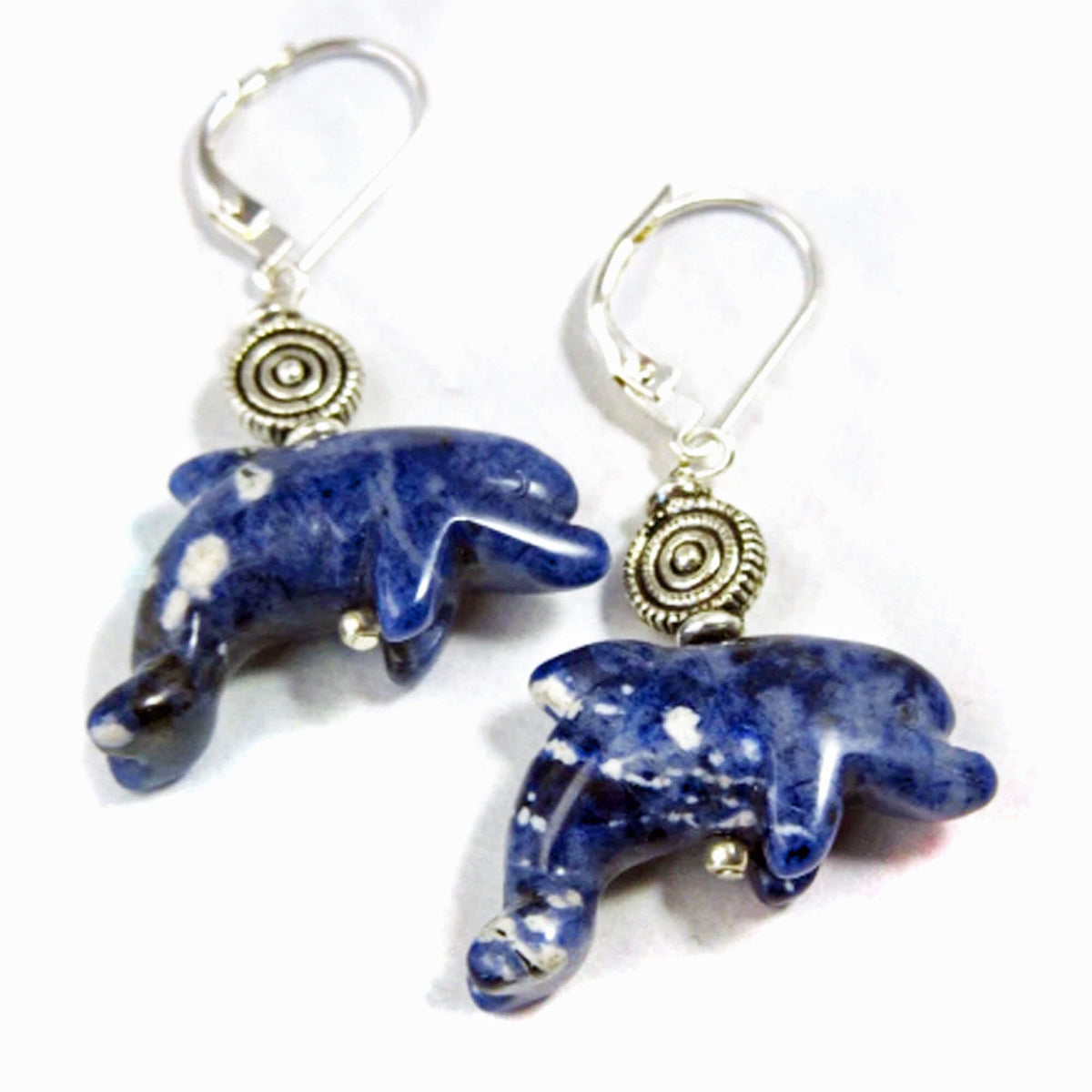 Dolphin Earrings in blue sodalite - stunning carved stone jewelry depicting dolphins, perfect gift for ocean lovers.