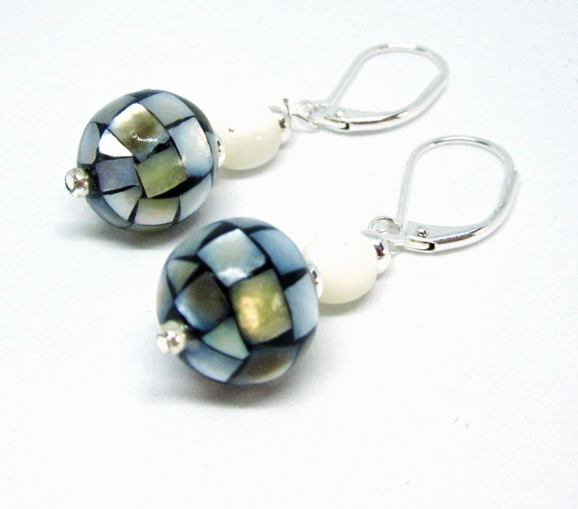 Classic Mosaic Mother of Pearl Orb Earrings showcasing iridescent black, white, and gray dangles, perfect woman jewelry gift from the BVI Blues Collection 1.