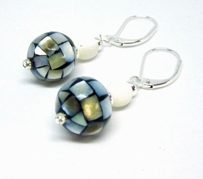 Classic Mosaic Mother of Pearl Orb Earrings showcasing iridescent black, white, and gray dangles, perfect woman jewelry gift from the BVI Blues Collection 1.