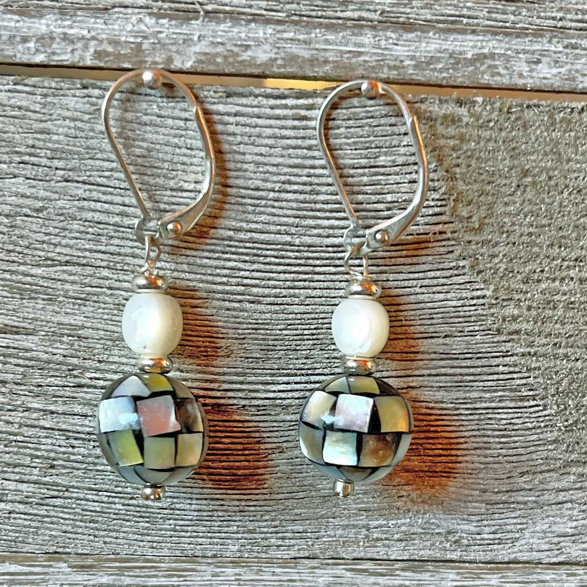 Close-up view of Classic Mosaic Mother of Pearl Orb Earrings with shimmering mother of pearl mosaics, ideal for stylish women and perfect as a thoughtful gift.