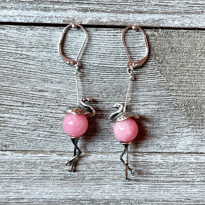 Funny Pink Flamingo Earrings - Handcrafted pink flamingo jewelry with sterling silver, suitable for fun and stylish outfits.