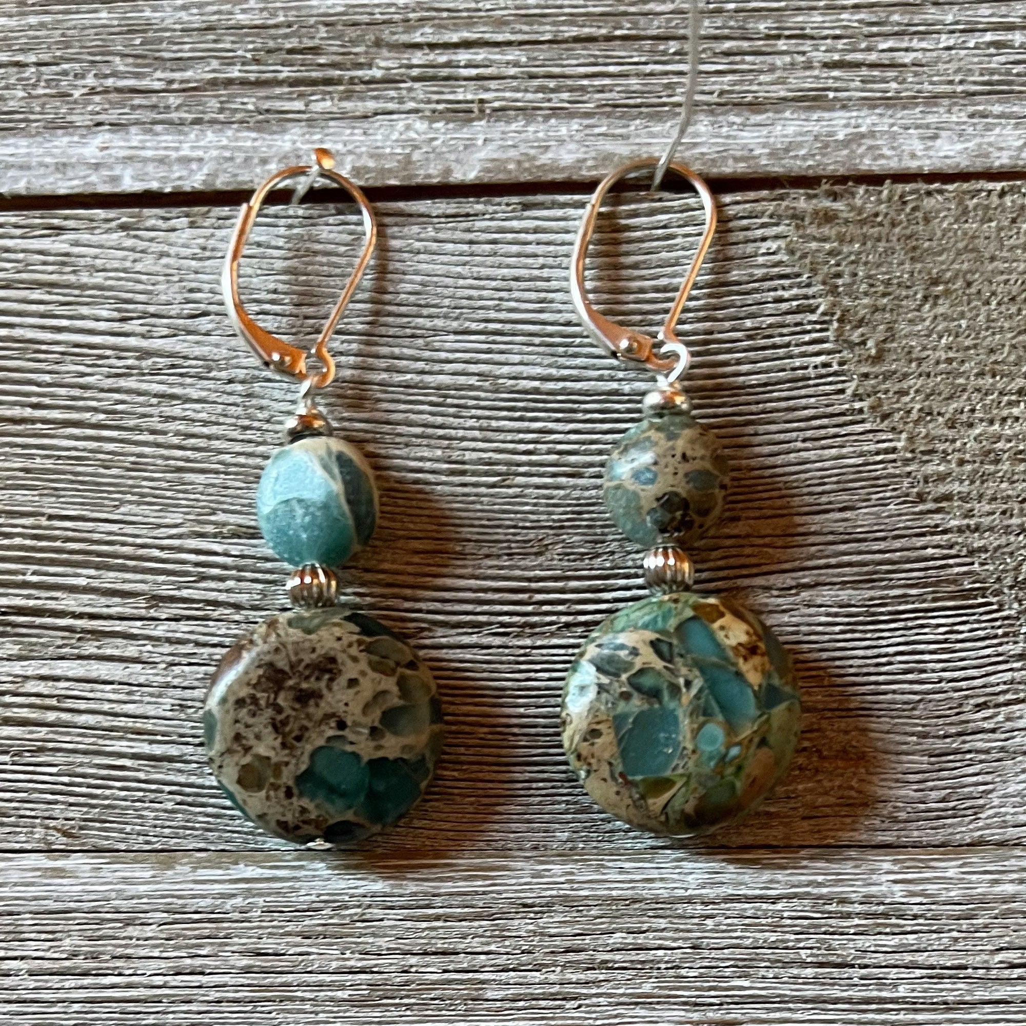 Close-up view of Aqua Terra Stone Earrings showcasing Sediment Jasper&