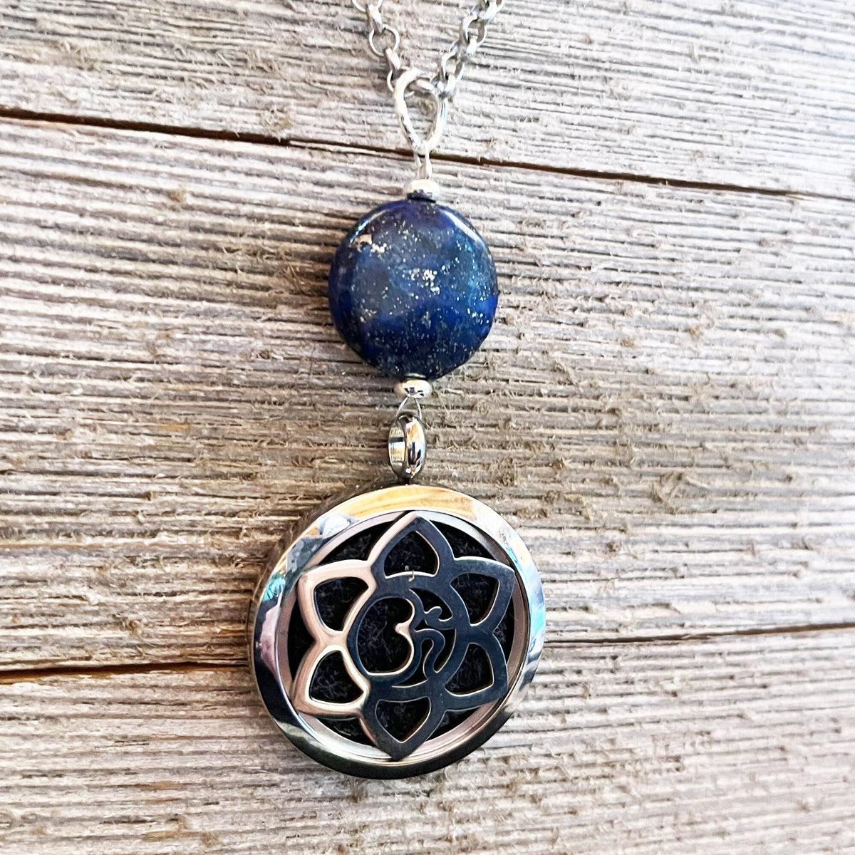 Lapis Lazuli Jewelry Set - aromatherapy locket necklace, circular disc earrings, lotus pendant, separate or as a set, SWELL to Smell