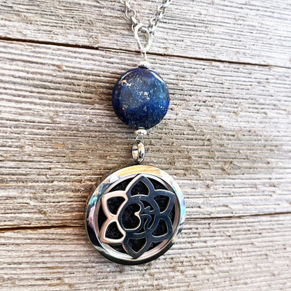 Lapis Lazuli Jewelry Set - aromatherapy locket necklace, circular disc earrings, lotus pendant, separate or as a set, SWELL to Smell