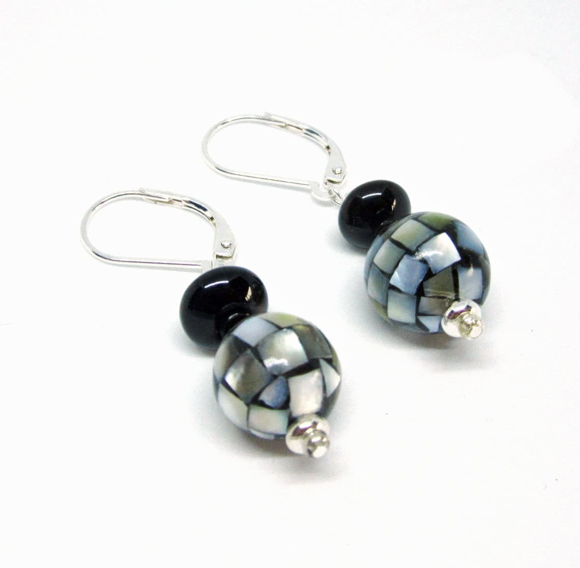 Close-up of Classic Mosaic Mother of Pearl Orb Earrings with 14mm smooth round beads and sterling silver lever back ear wires, part of BVI Blues Collection 1.