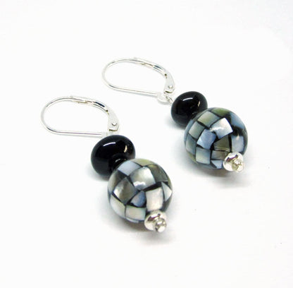 Close-up of Classic Mosaic Mother of Pearl Orb Earrings with 14mm smooth round beads and sterling silver lever back ear wires, part of BVI Blues Collection 1.
