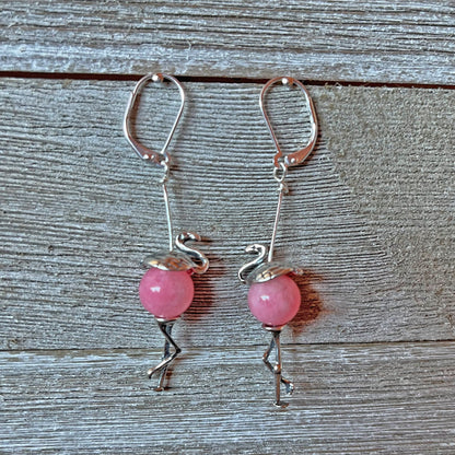 Close-up of Funny Pink Flamingo Earrings showcasing the detailed craftsmanship and pink quartz centers, ideal for flamingo lovers.