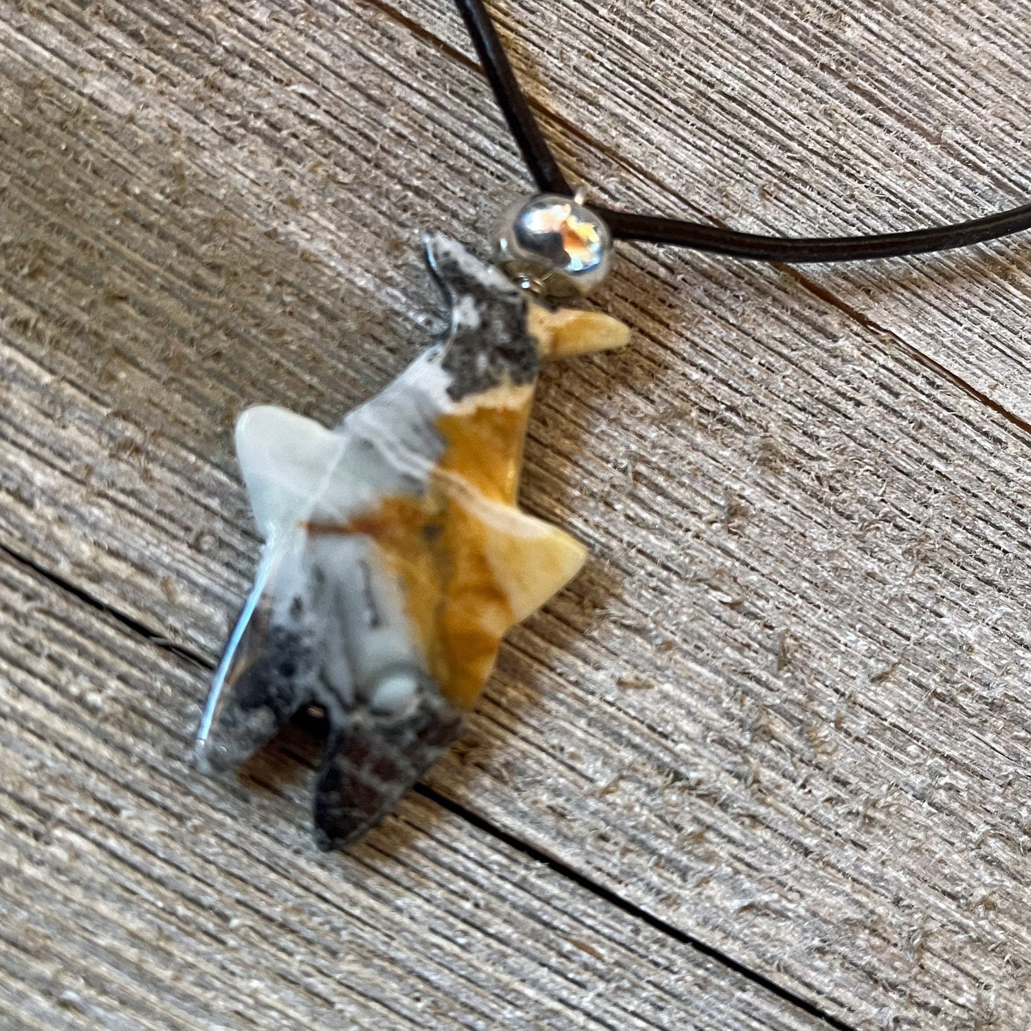 Shark Pendant Carved Amazonite Necklace showcasing unisex design on adjustable leather cord, perfect for fishing enthusiasts in the BVI Blues Collection.