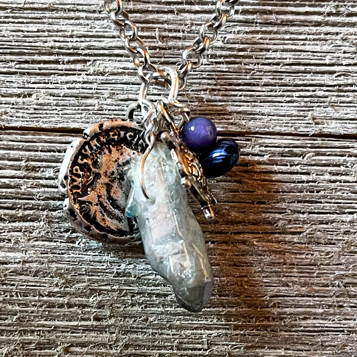 Pirate’s Booty Charm Necklace featuring gemstones, coin doubloons, crystals, and a ship&