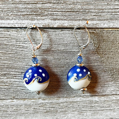 Ocean Wave Earrings say Hello - stylish ocean-themed earrings on sterling silver lever back, ideal for beach lovers.