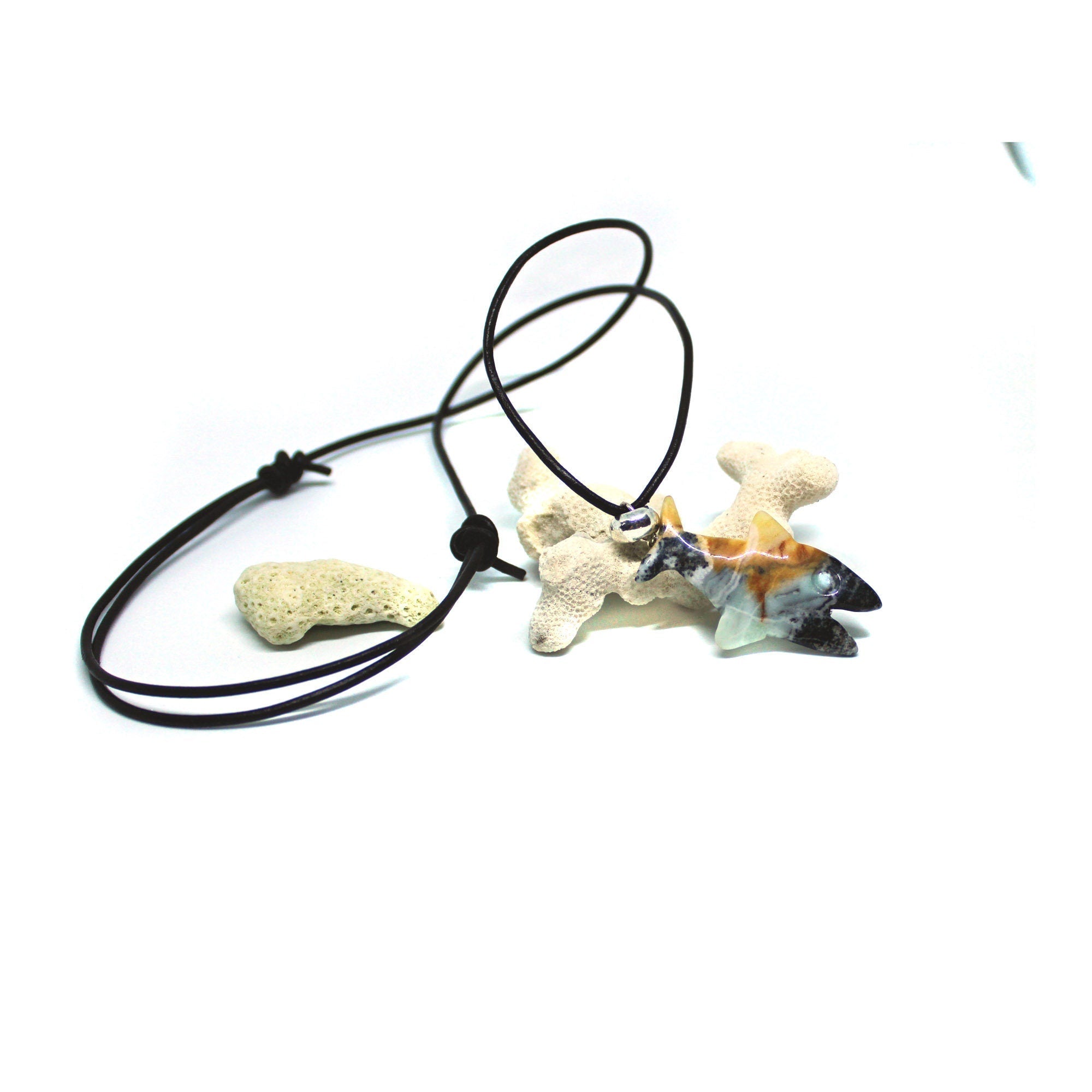 Close-up of the Shark Pendant Carved Amazonite Necklace highlighting the unique colors and handcrafted details, designed for fishing lovers.