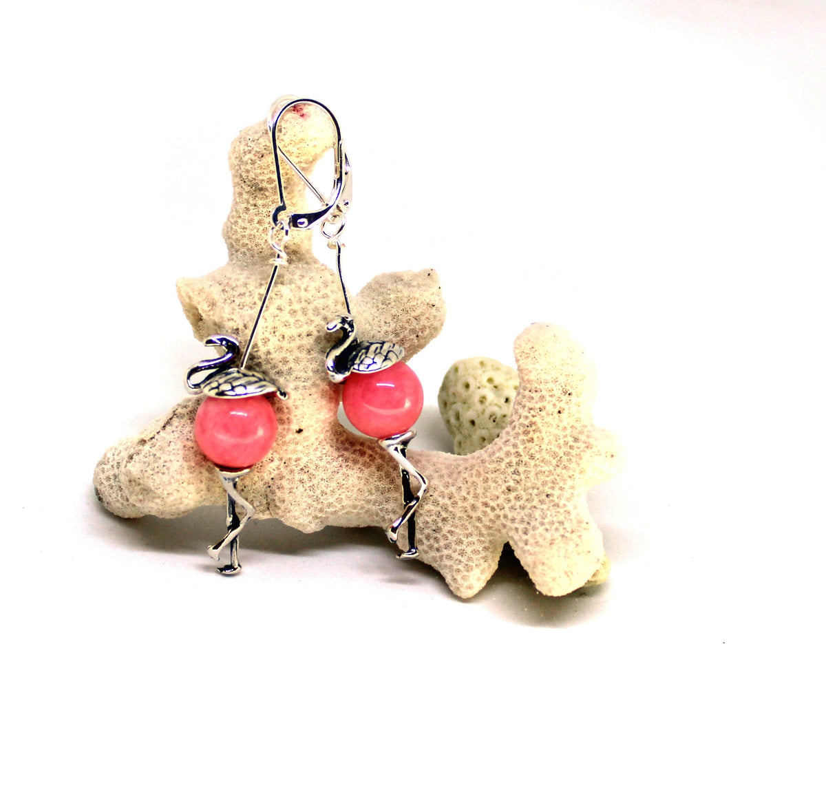 Funny Pink Flamingo Earrings - Unique sterling silver earrings with pink quartz centers, perfect for tropical jewelry lovers.