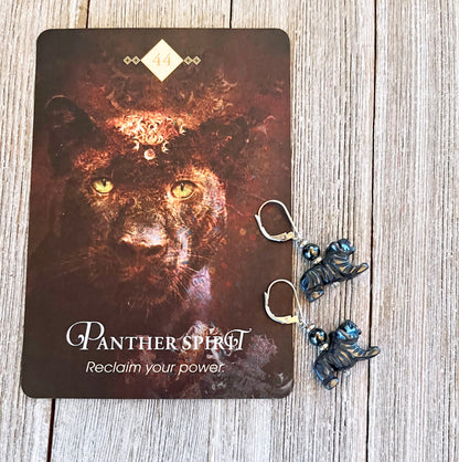 Black Panther Earrings made from carved hematite, perfect gift for big cat lovers, showcasing intricate animal jewelry design.