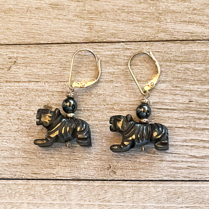 Close-up of Black Panther Earrings highlighting the detailed carved stone and silver lever back ear wires, ideal for animal-themed jewelry lovers.