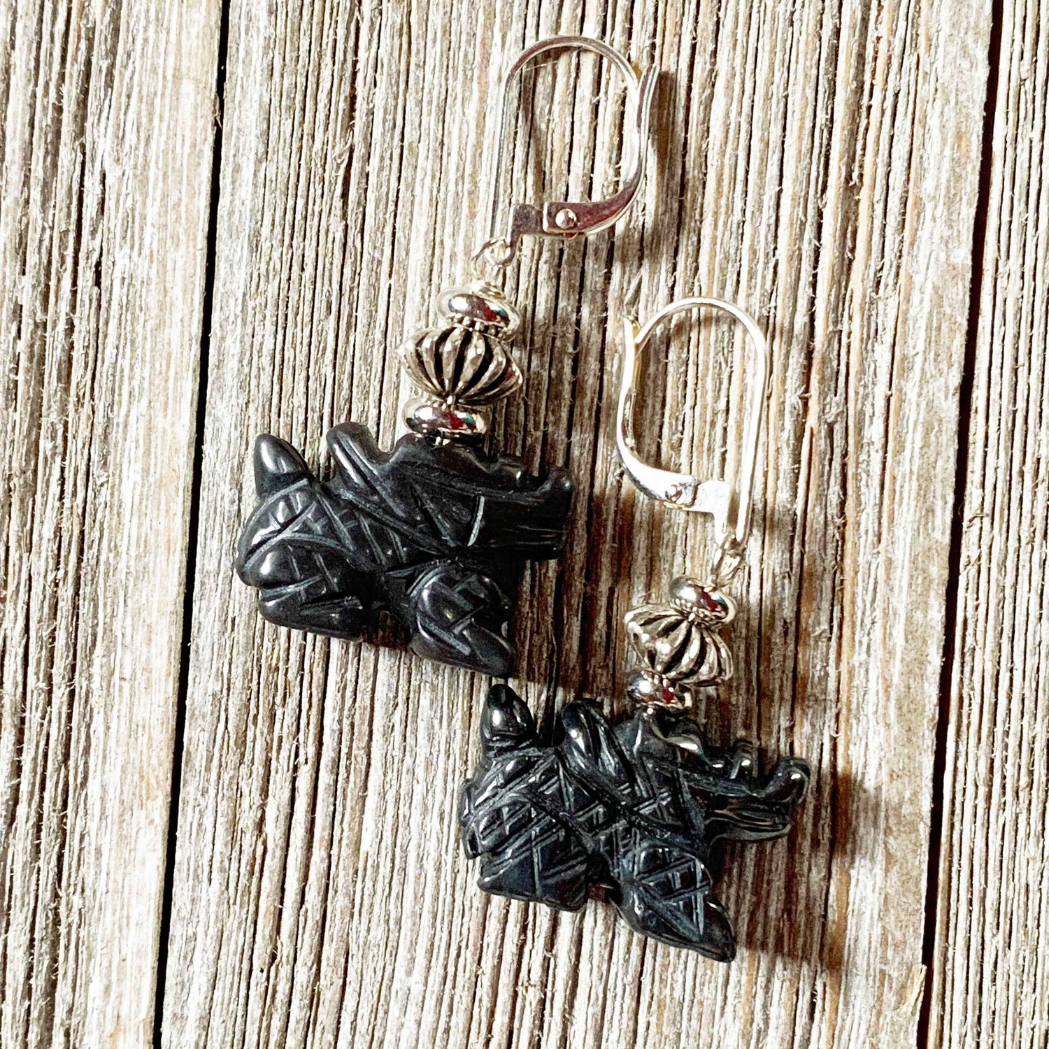 Fantasy Themed Jewelry - Carved Black Hematite Dragon Earrings &amp; Necklace Set, Unique Gamer Gift