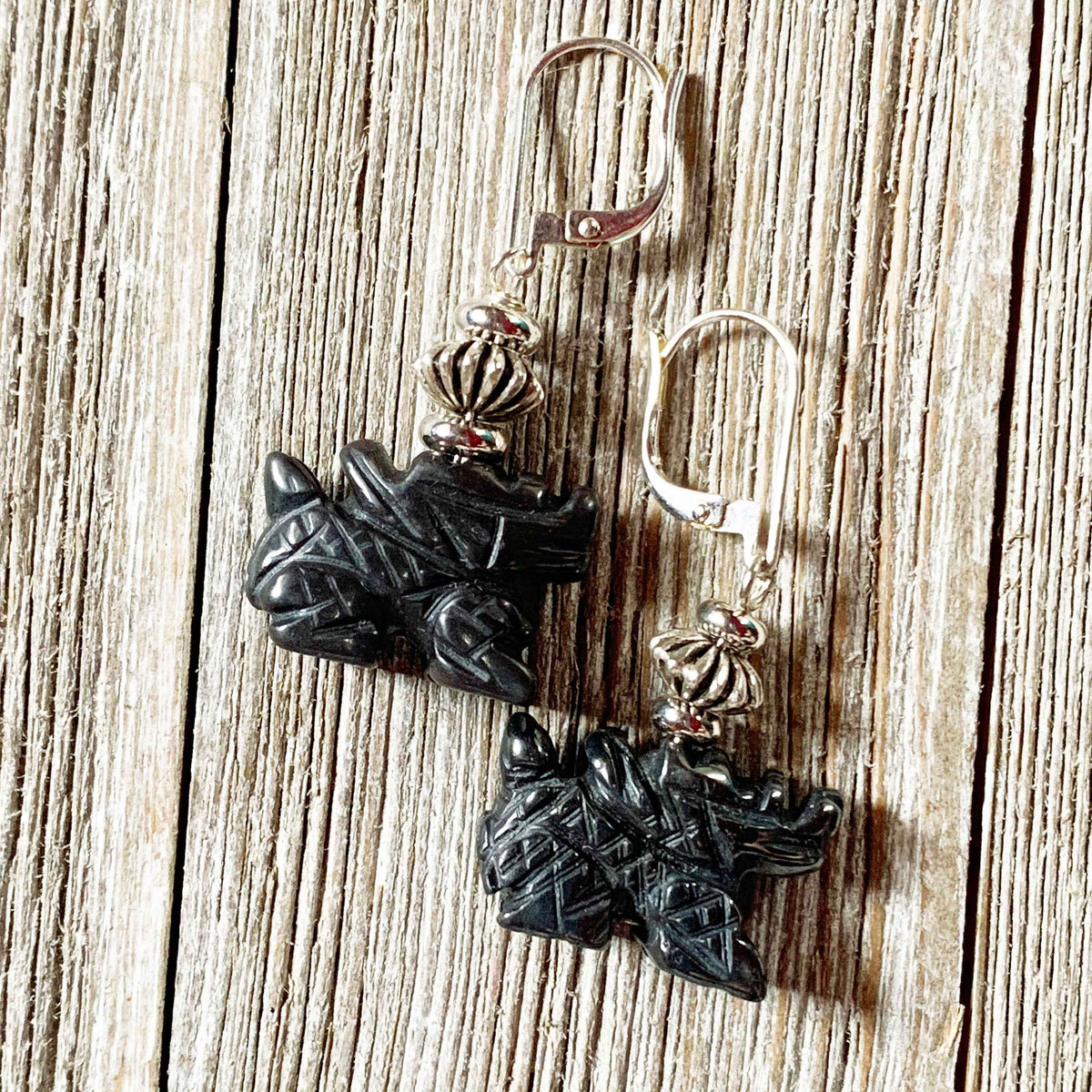 Fantasy Themed Jewelry - Carved Black Hematite Dragon Earrings &amp; Necklace Set, Unique Gamer Gift