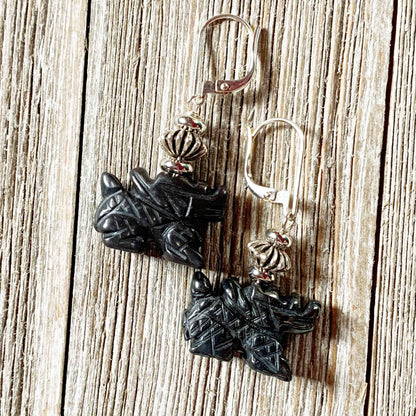 Fantasy Themed Jewelry - Carved Black Hematite Dragon Earrings &amp; Necklace Set, Unique Gamer Gift