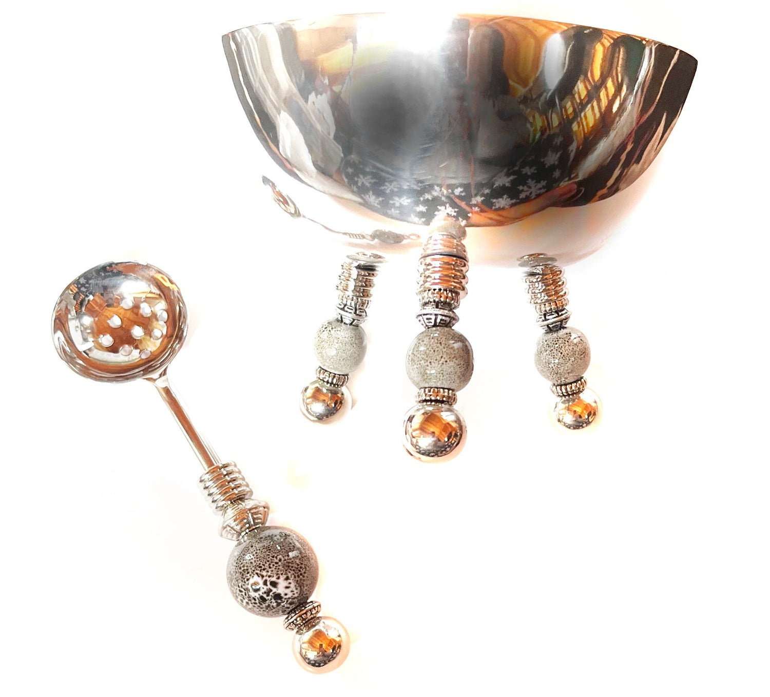 Elegant Modern Stainless Steel Bowl Set with Gray Ceramic Legs and Matching Spoon, perfect for any occasion.
