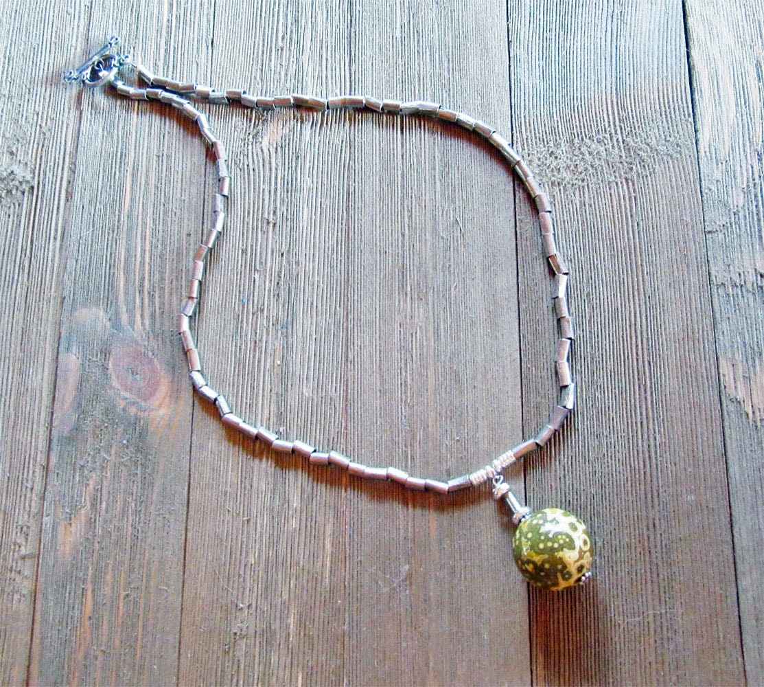 Artisan Ocean Jasper Necklace - 20" Minimalist Sphere Pendant for Spiritual Insight