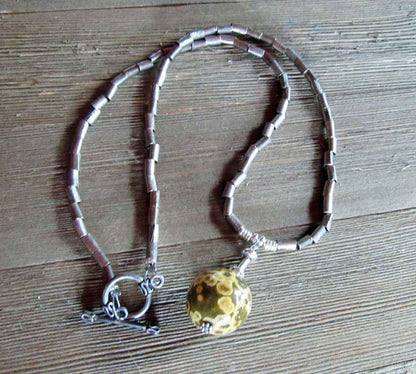 Artisan Ocean Jasper Necklace - 20" Minimalist Sphere Pendant for Spiritual Insight
