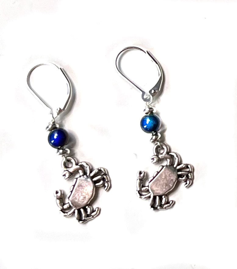 Color Changing Crab Dangle Earrings showcasing a vibrant crab design under a mood bead, perfect for ocean lovers.
