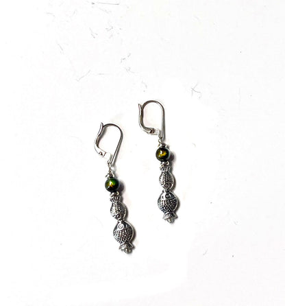 Color Changing Fish Dangle Earrings displayed on a stylish background, handmade by Gwynstone, perfect for water enthusiasts.