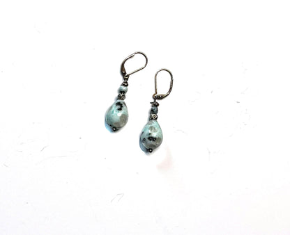 Close-up of Teardrop Earrings in sesame jasper, highlighting the mint jasper and black tourmaline elements, perfect for everyday minimalist jewelry.