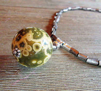 Artisan Ocean Jasper Necklace - 20" Minimalist Sphere Pendant for Spiritual Insight