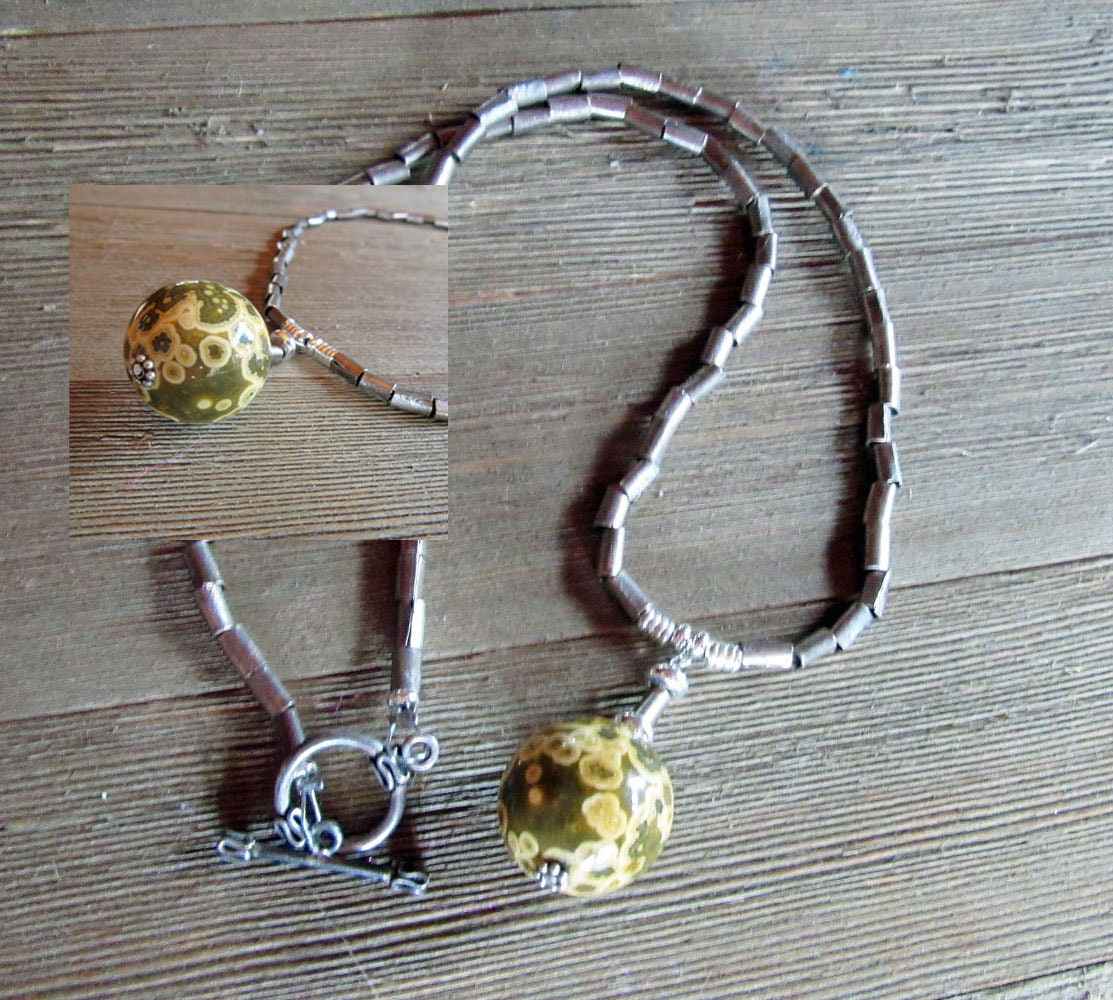 Artisan Ocean Jasper Necklace - 20" Minimalist Sphere Pendant for Spiritual Insight
