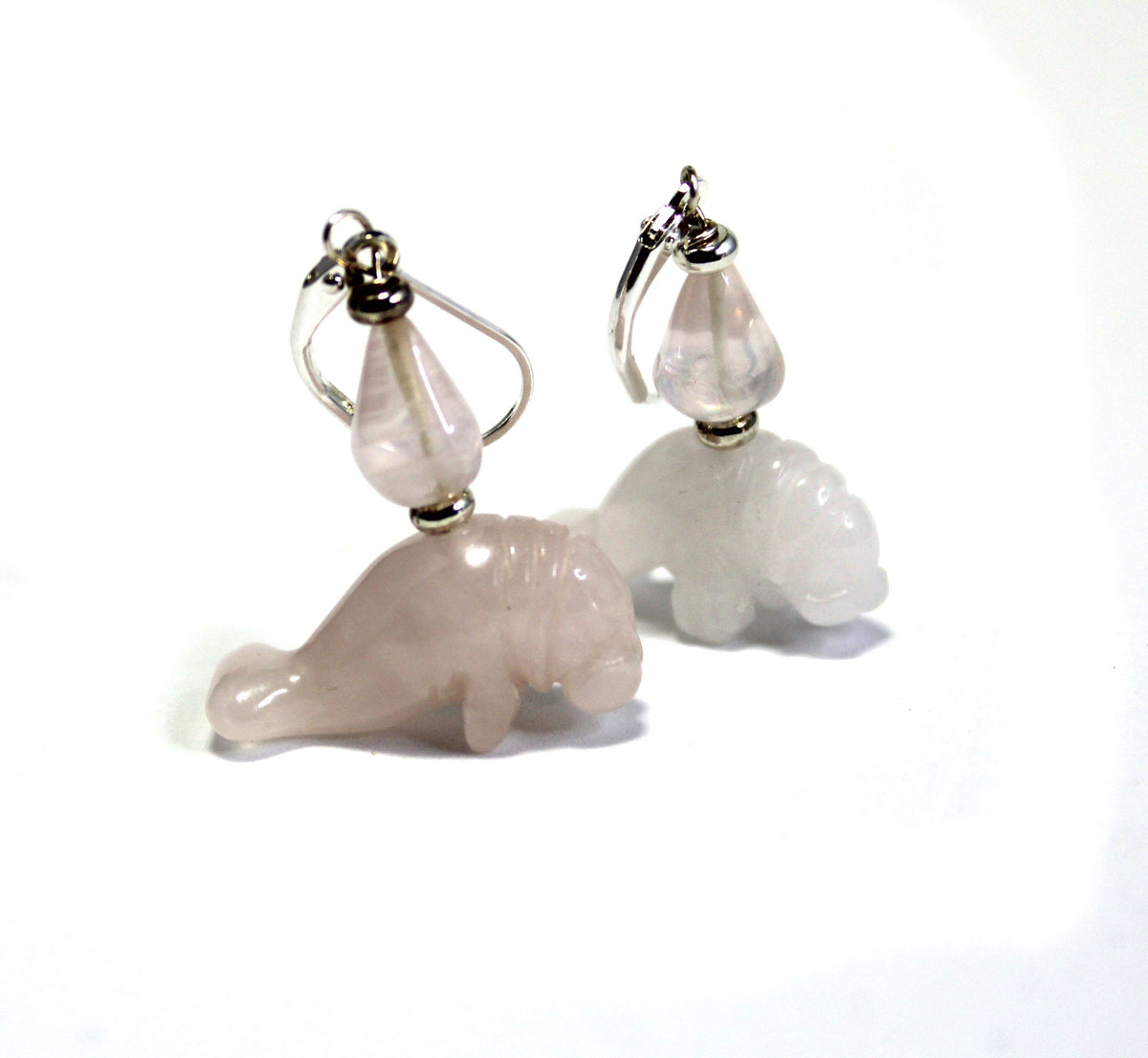 Artisan crafted Rose Quartz Pink Manatee Earrings - Unique nautical-themed dangle earrings perfect for animal lovers.