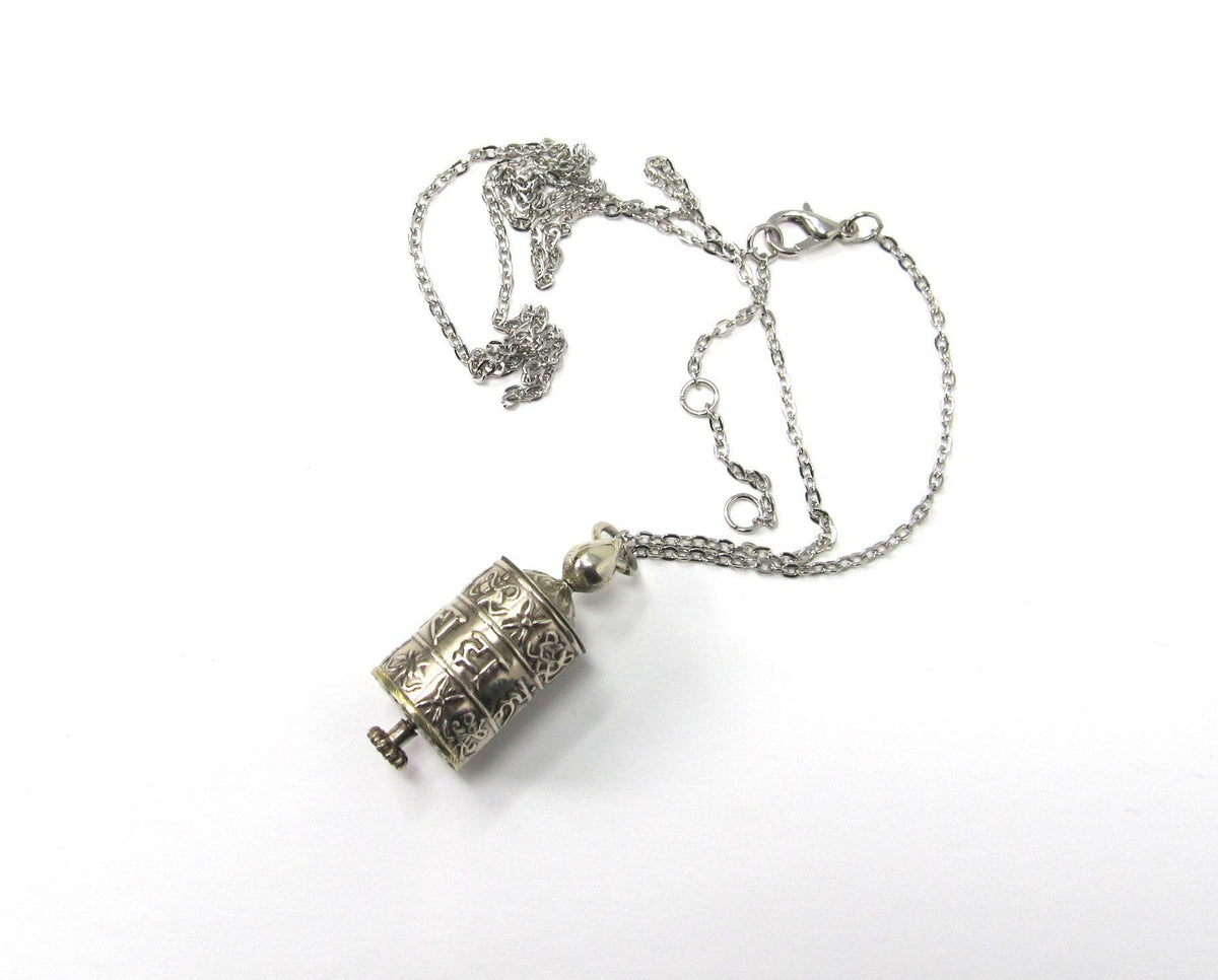 Spinner Mantra Barrel Necklace - zen style jewelry, Prayer Wheel Spins to Calm you, gift for zen, calm aesthetic jewelry, yoga wear, silver