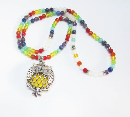 Aromatherapy Jewelry for Zen and Relaxation - Close-up of the handmade Rainbow Quartz Mala Essential Oil Diffuser Necklace.