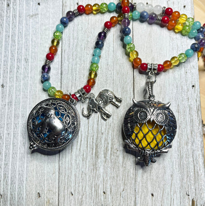 Aromatherapy Jewelry for Zen and Relaxation - Rainbow Quartz Mala Essential Oil Diffuser Necklace featuring an Owl locket for essential oils.