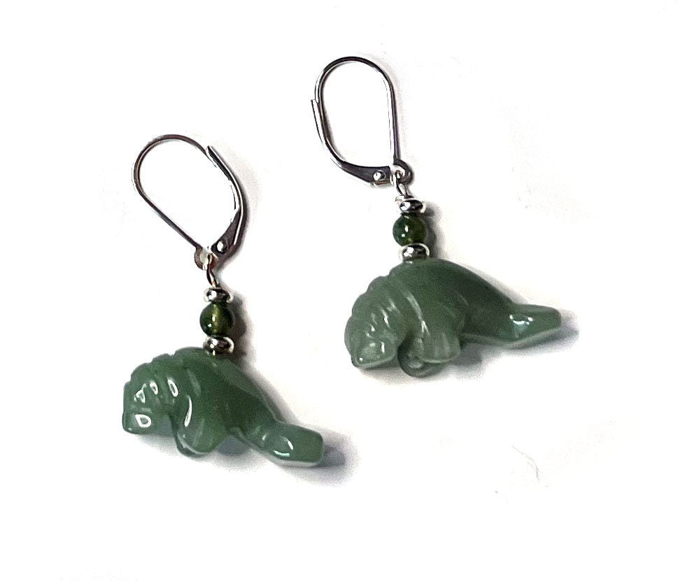 Handmade Aventurine Green Drop Earrings featuring carved stone manatees, a charming addition to any outfit for sea life lovers.