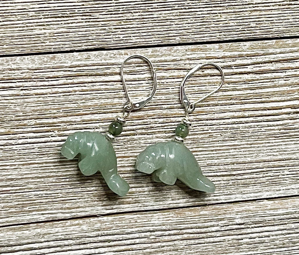 Aventurine Carved Stone Manatee Jewelry, Green Drop Earrings for animal lovers, featuring a beautifully detailed manatee design.