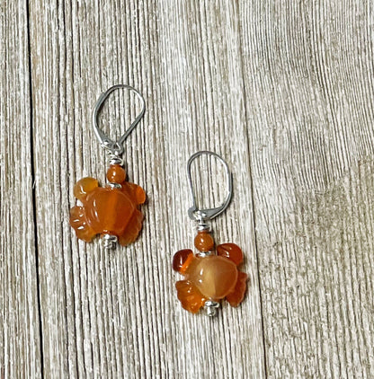 Handmade Carnelian Crab Earrings - ocean lover gift with intricate carvings, dangle style, perfect for animal-themed jewelry lovers.