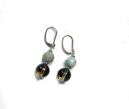 Artisan-designed Sacred Geometry Larimar and Smokey Quartz Earrings in 925 Sterling Silver, highlighting their unique craftsmanship.