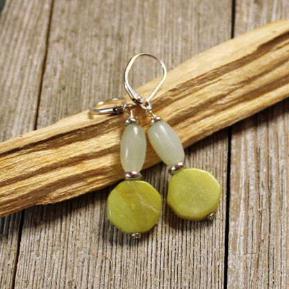 Close-up of Hexagon Stone Earrings, showcasing the vibrant colors of quartz and green aventurine in elegant design.