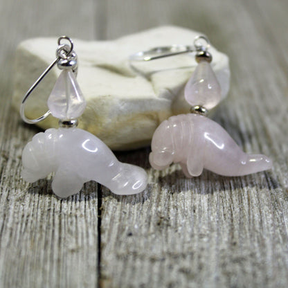 Rose Quartz Pink Manatee Earrings - Artisan Jewelry featuring a pink gemstone manatee design, ideal for ocean theme lovers.