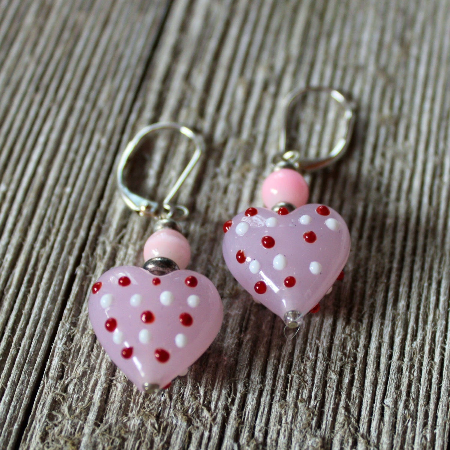 Heart Earrings - Tell her she has your heart, featuring vibrant pink and red lampwork dangles.