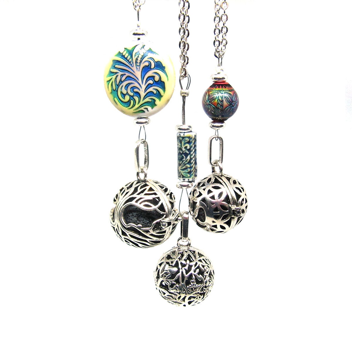Artisan-crafted Namaste Symbol Color Changing Essential Oil Diffusing Zen Chamber Necklace with vibrant beads, perfect for aromatherapy and personal tranquility.